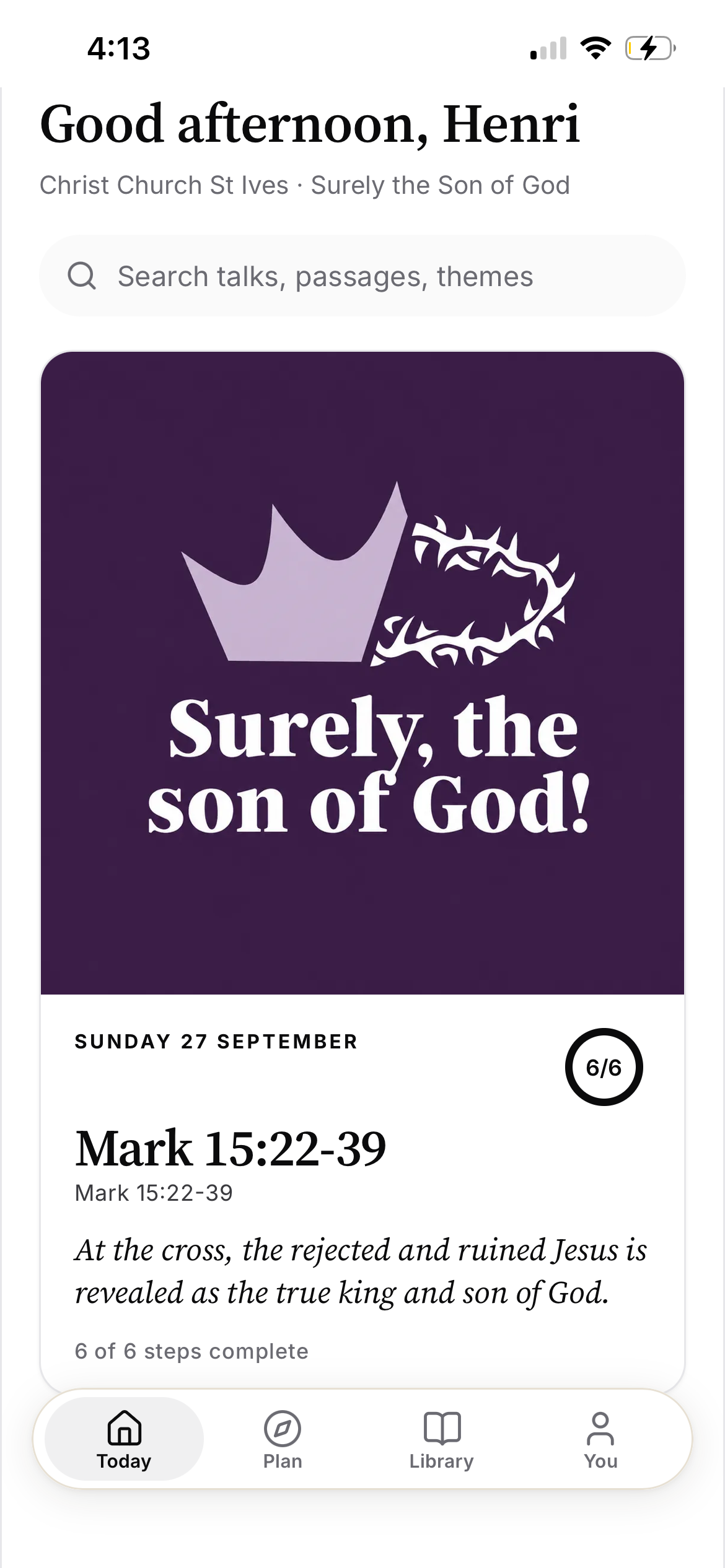 Sunday and Beyond home screen with today's sermon, passage and search