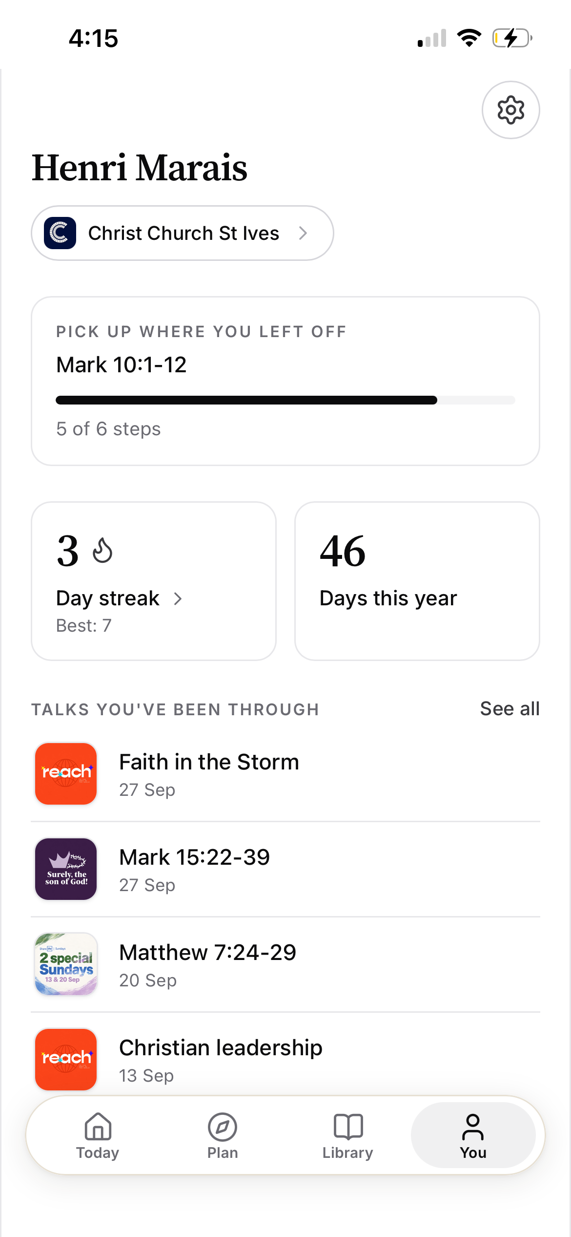 Sunday and Beyond dashboard showing progress and recent talks